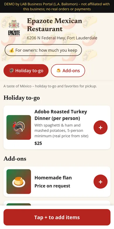 Epazote Mexican Restaurant ordering app concept demo