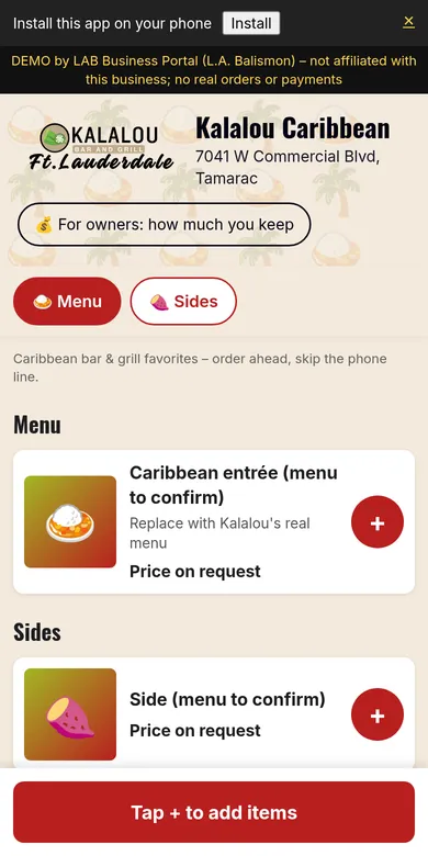 Kalalou Caribbean ordering app concept demo