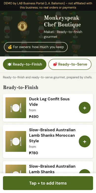 Monkeyspeak Chef Boutique ordering app concept demo