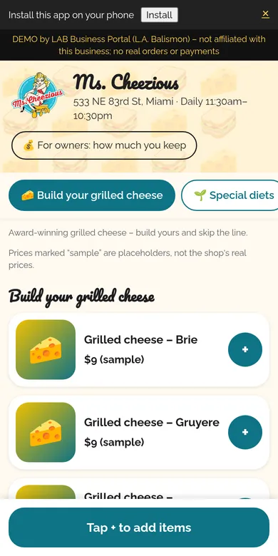Ms. Cheezious ordering app concept demo