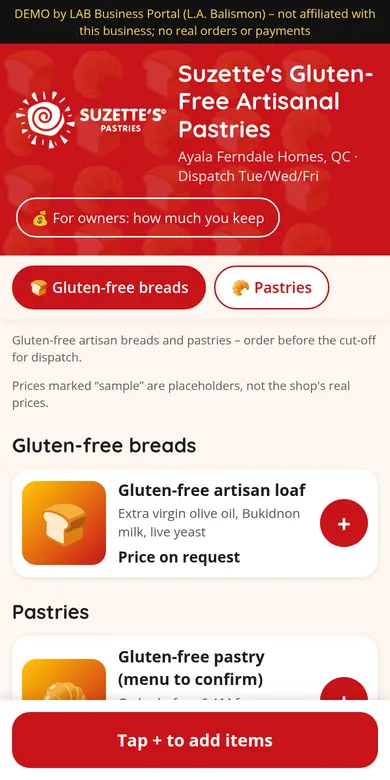 Suzette's Gluten-Free Pastries ordering app concept demo