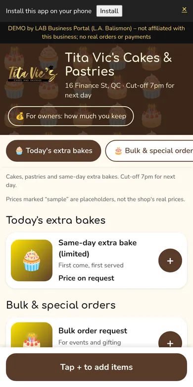 Tita Vic's Cakes & Pastries ordering app concept demo
