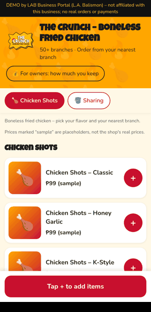 Ordering walkthrough: menu, checkout, paid, review